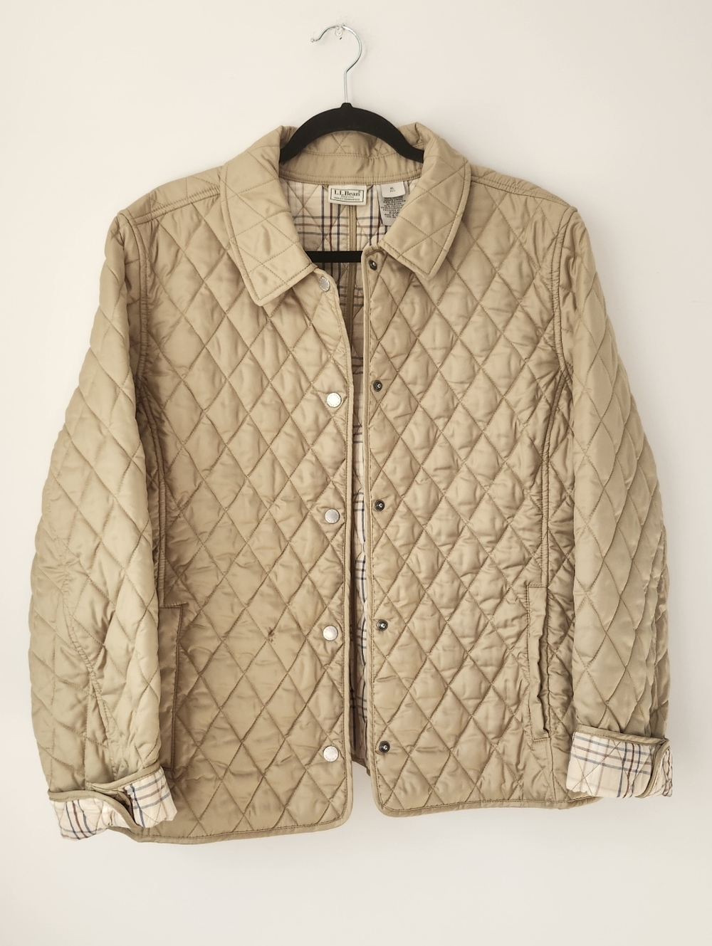 L.L. Bean Women’s Quilted Riding Jacket Tan Snap Up Insulated Plaid Lined XL